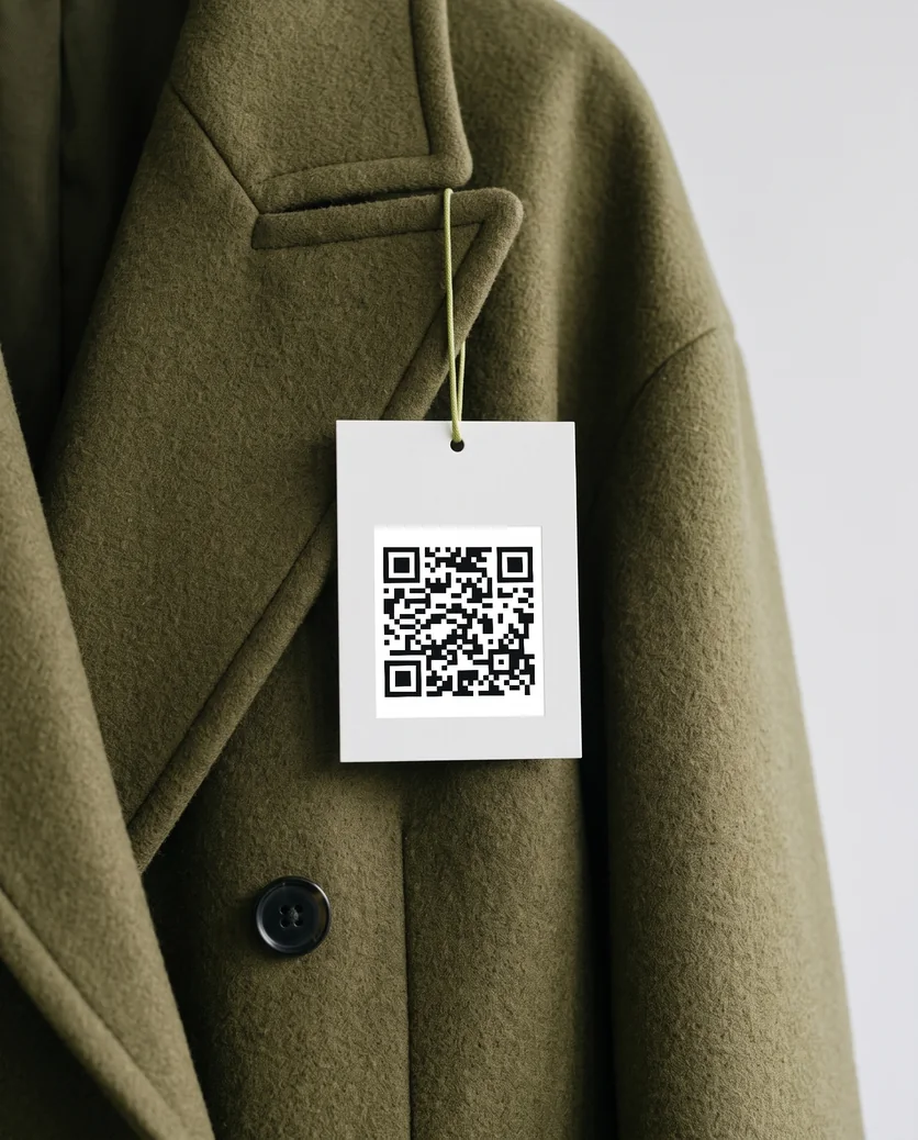 Wool coat with a paper hang tag. The tag carries the QR code of the digital product passport: scan it with your phone to open a sample passport.