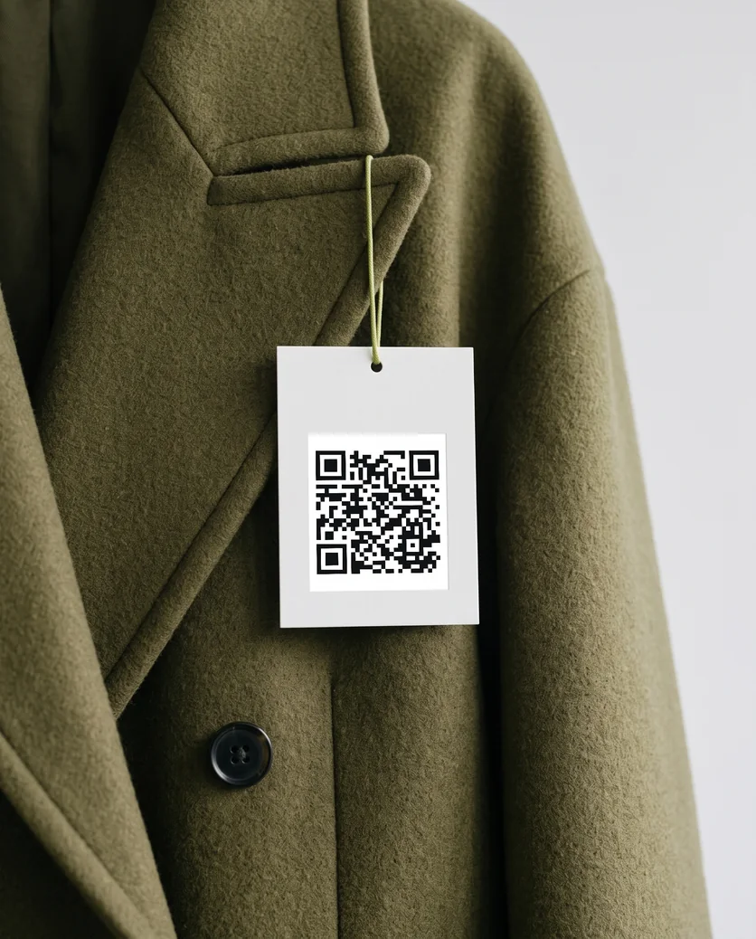 Płaszcz wełniany z papierową metką. Na metce kod QR cyfrowego paszportu produktu: zeskanuj go telefonem, żeby otworzyć przykładowy paszport.